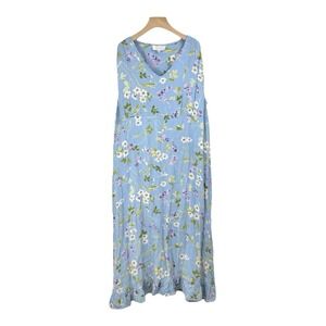 VTG! Jenny Helene Blue Floral Summer Long Dress 2X 100%‎ Rayon USA Cottagecore